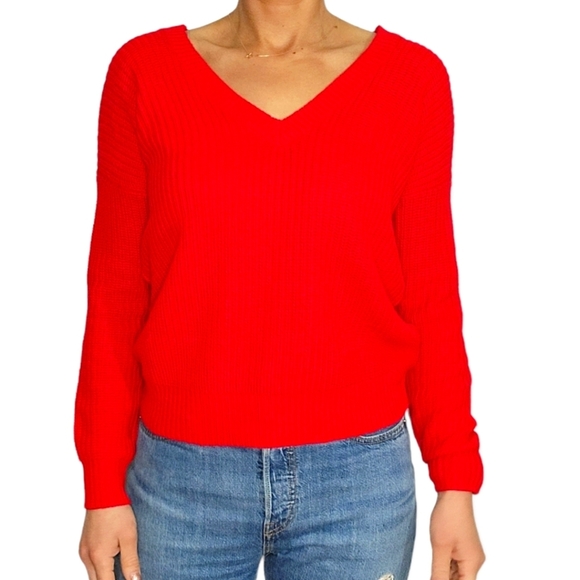 Cloth Lace Up Back V Neck Sweater Size X Small Red Ribbed Knit - Picture 3 of 7